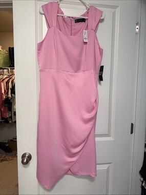 New York & Company Pink Sleeveless Midi Dress with Draped Wrap Skirt